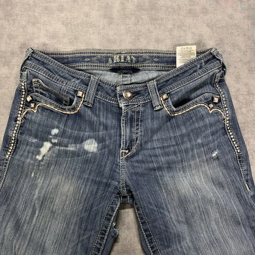 Ariat Denim Embroidered Studded Low Rise Bootcut Jeans Turquoise Wms 29 Western
